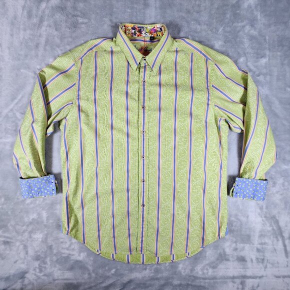 Robert Graham Embroidered Shirt XL Green Striped Button-Up Flip Contrast Cuffs - Picture 1 of 12